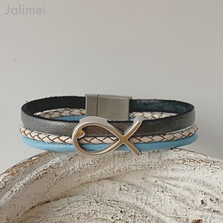 Lederarmband Fisch blau-grau Konfirmation