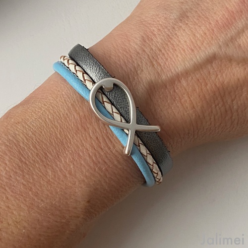 Lederarmband mit Fisch in blau-grau Konfirmation