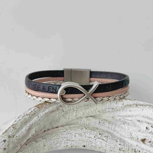 Armband mit Fisch Konfirmation grau-rosa