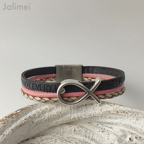 Armband Fisch Konfirmation grau-rosa