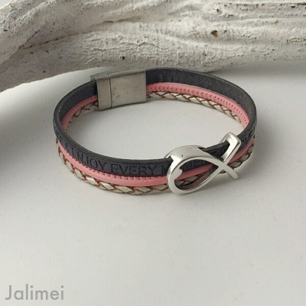 Armband mit Fisch zur Konfirmation in grau-rosa