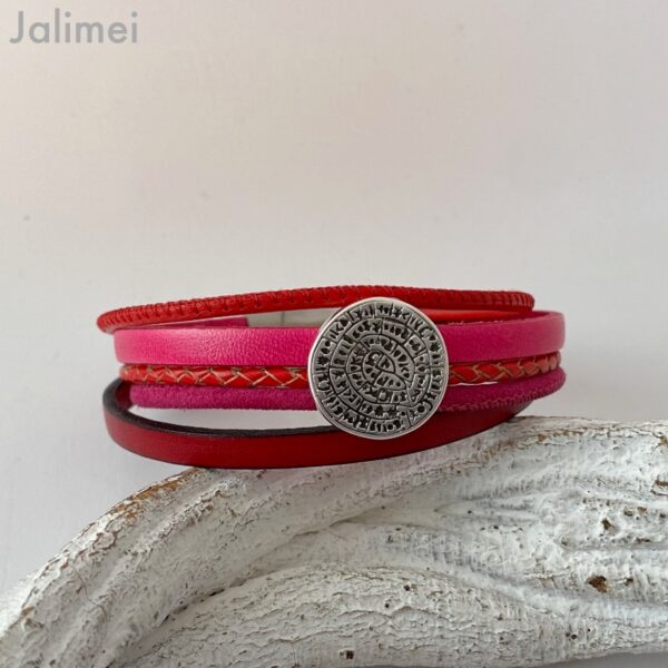 Lederarmband kleine Phaistos Scheibe rot-pink