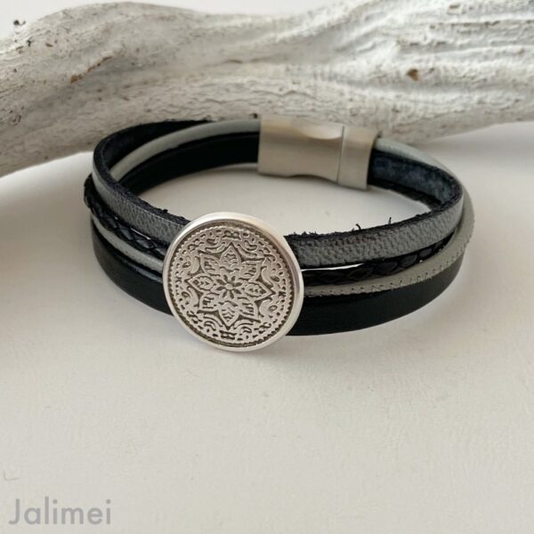 Lederarmband mit Mandala schwarz-grau