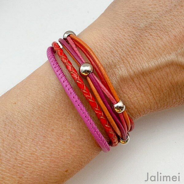 knalliges Lederarmband Nappa pink-orange-rot