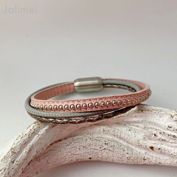 Lederarmband Chainball rosa-grau