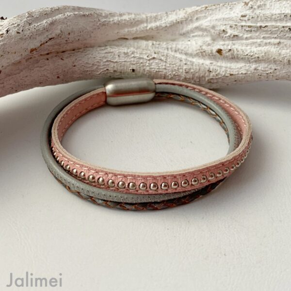 Lederarmband Chainball in rosa-grau