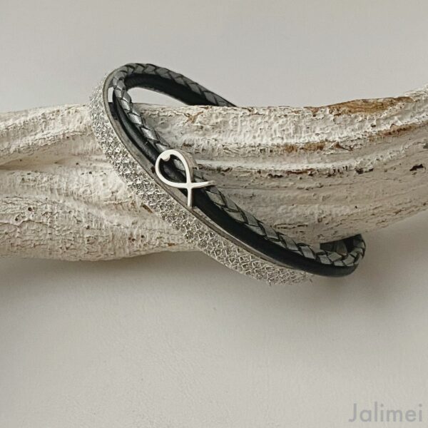 Armband mit Fisch Glitzer silber-schwarz