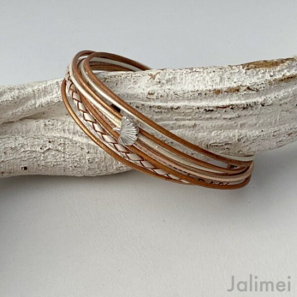 Lederarmband mit Ginkgoblatt in Bronze-weiss