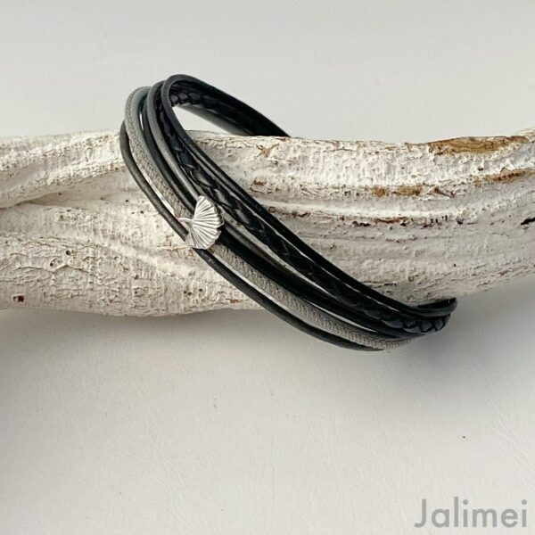 Lederarmband mit Ginkgoblatt schwarz-grau