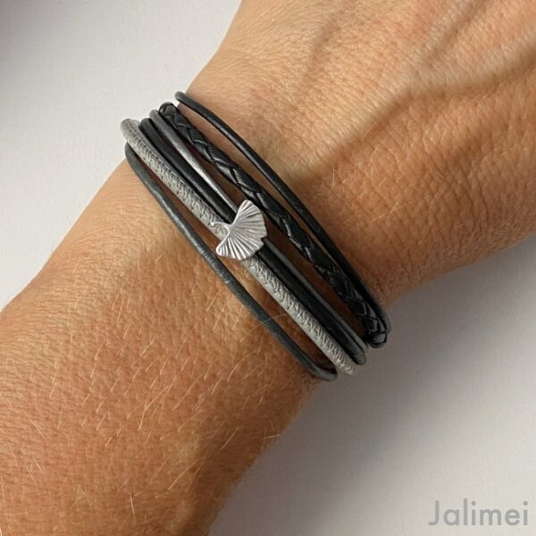 Lederarmband Ginkgoblatt schwarz-grau