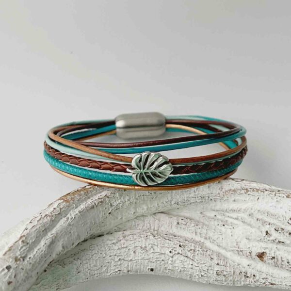 Lederarmband Monstera in türkis braun