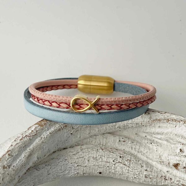 Armband Fisch Gold hellblau-rosa