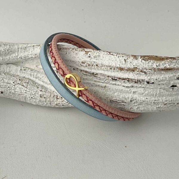 Armband mit Fisch Gold hellblau-rosa